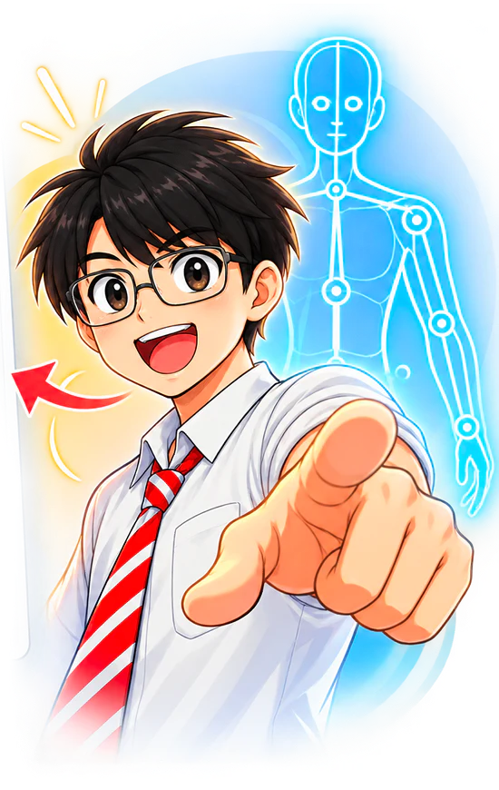 Illustration of an anime character beside a bone rig