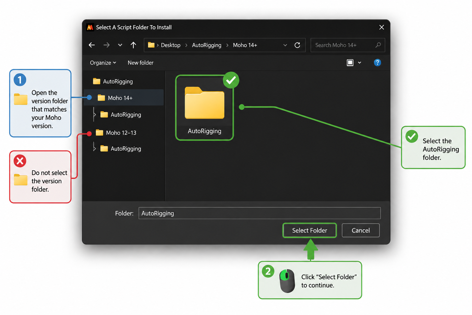 Select the AutoRigging folder in the Moho installer
