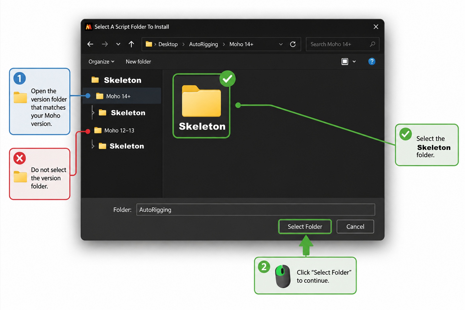 Select the Skeleton folder in the Moho installer